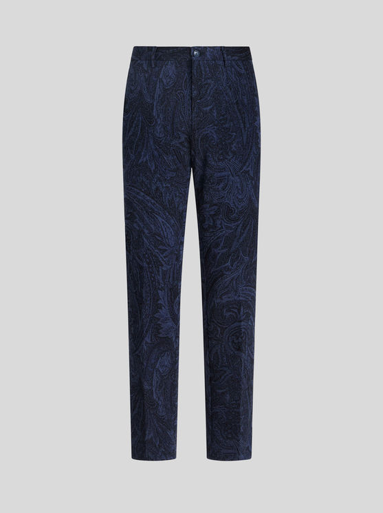 Shop Etro Paisley Cotton Jacquard Trousers In Navy Blue