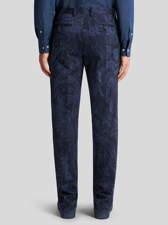 Shop Etro Paisley Cotton Jacquard Trousers In Navy Blue