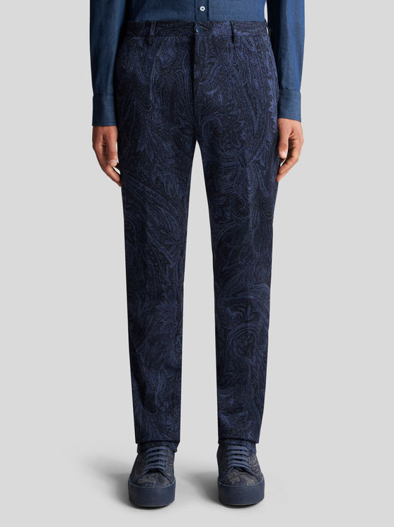 Shop Etro Paisley Cotton Jacquard Trousers In Navy Blue