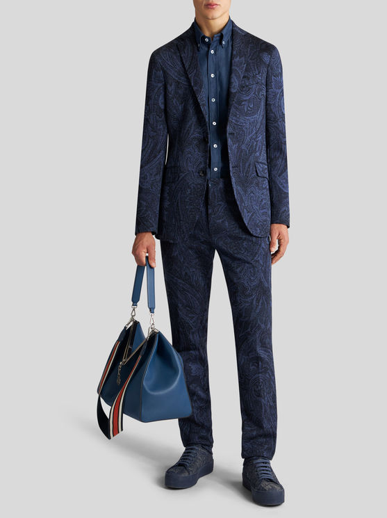 Shop Etro Paisley Cotton Jacquard Trousers In Navy Blue