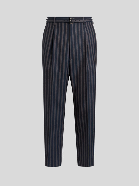 Shop Etro Striped Trousers With Belt In Navy Blue