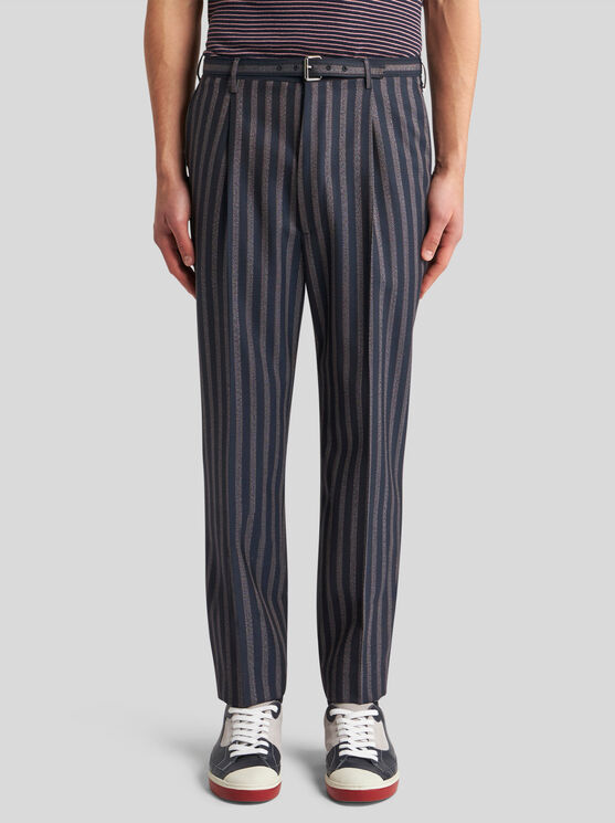 Shop Etro Striped Trousers With Belt In Navy Blue