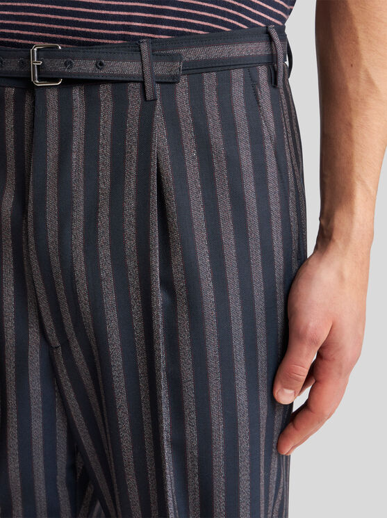 Shop Etro Striped Trousers With Belt In Navy Blue