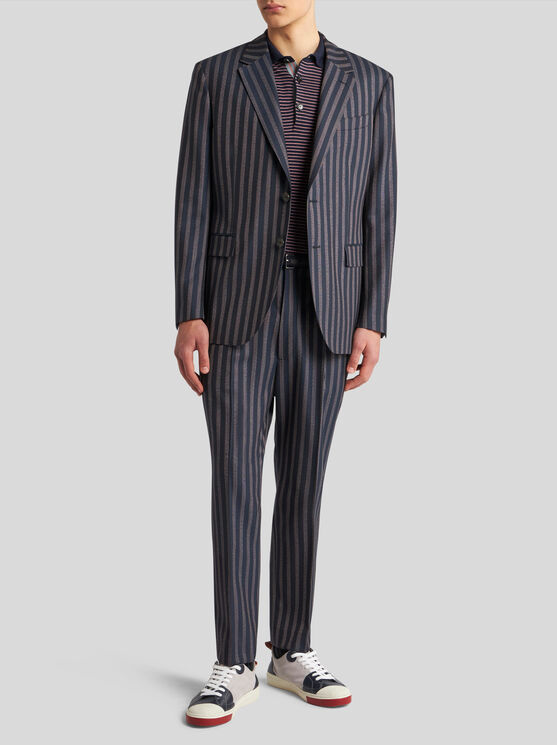 Shop Etro Striped Trousers With Belt In Navy Blue