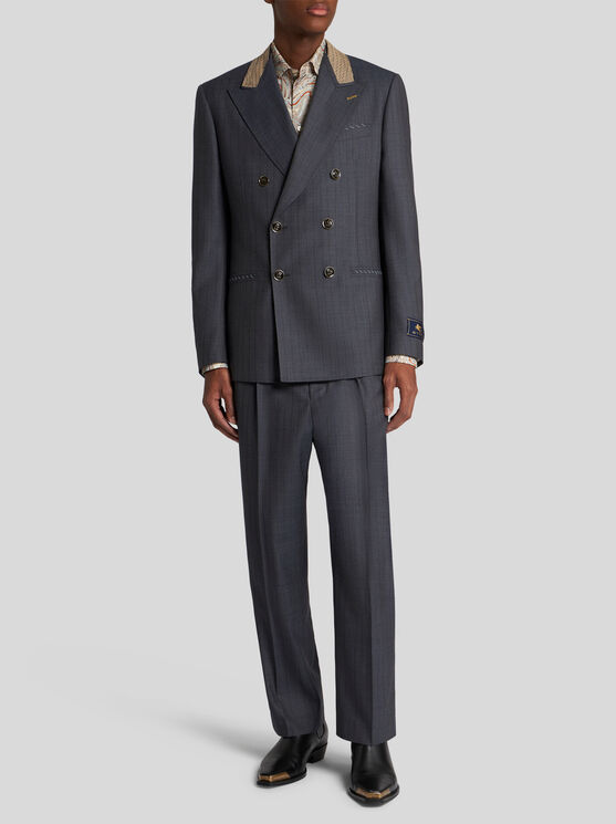 Shop Etro Wool Jacquard Trousers In Navy Blue