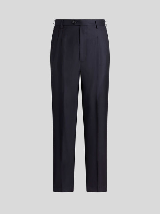 Shop Etro Wool Trousers With Pleats In Navy Blue