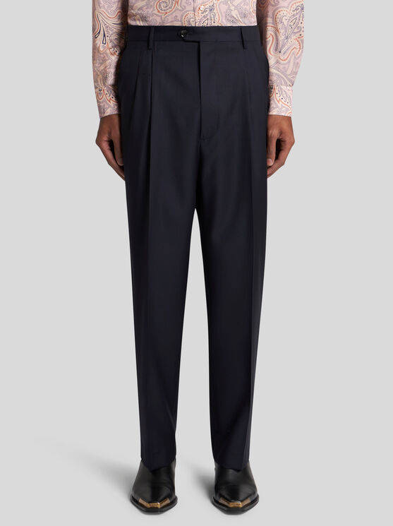 Shop Etro Wool Trousers With Pleats In Navy Blue