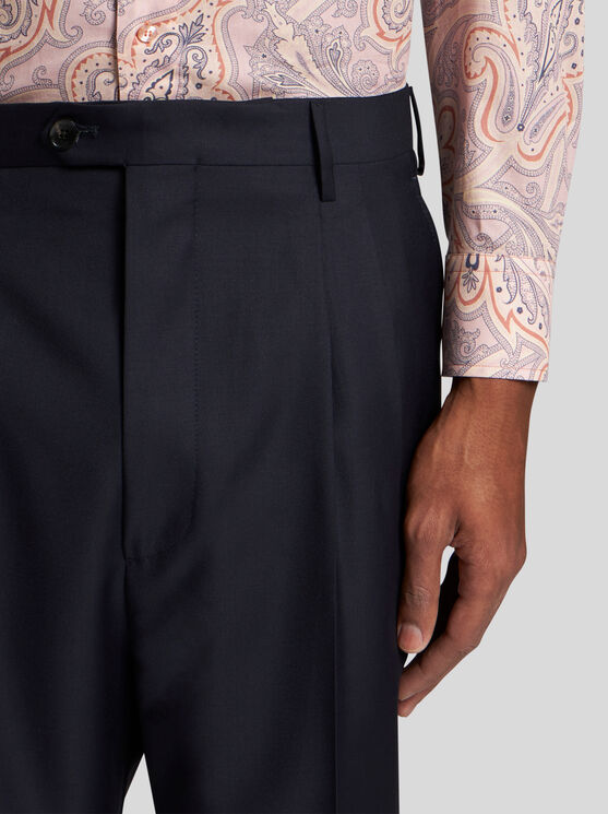 Shop Etro Wool Trousers With Pleats In Navy Blue