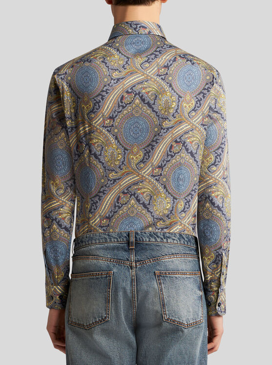 Shop Etro Printed Cotton Shirt In Navy Blue