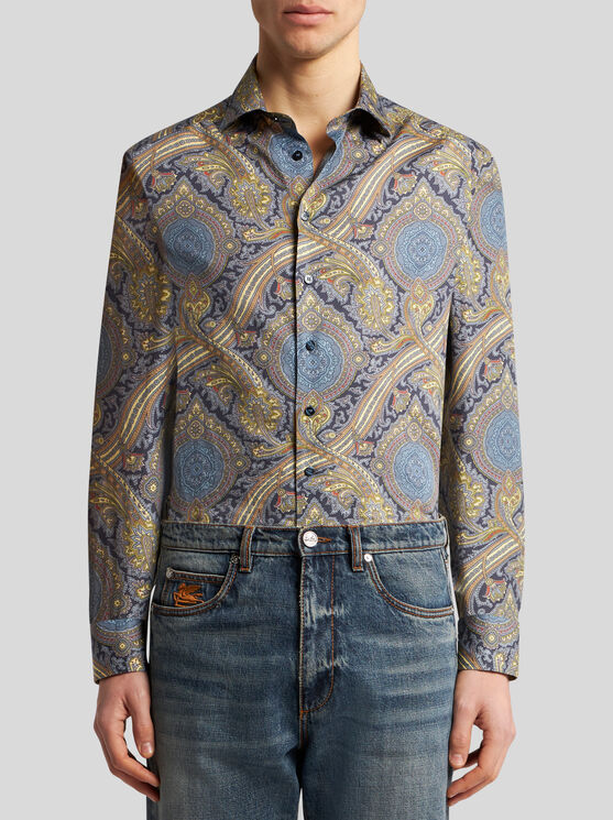 Shop Etro Printed Cotton Shirt In Navy Blue