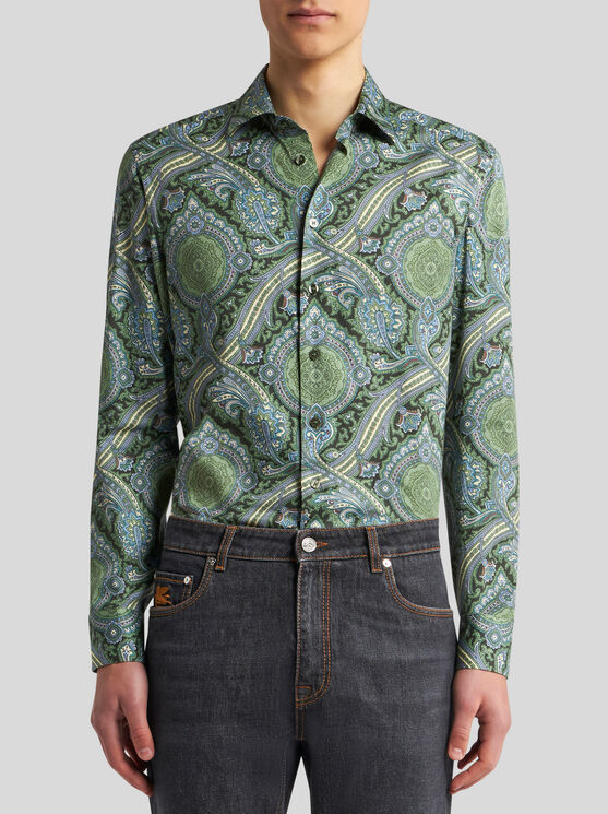 Shop Etro Printed Cotton Shirt In Green