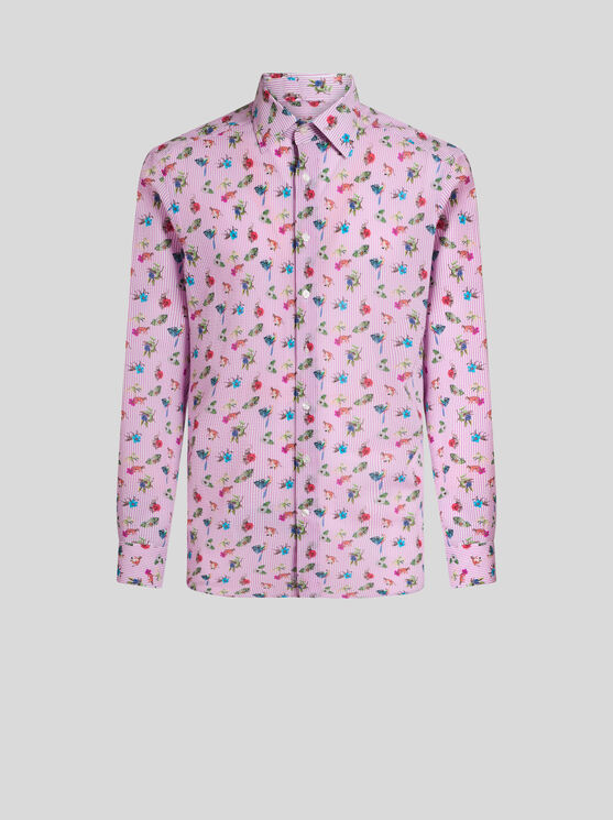 Etro Micro-striped Shirt With Flowers In Pink