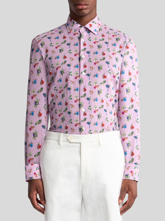 Etro Micro-striped Shirt With Flowers In Pink