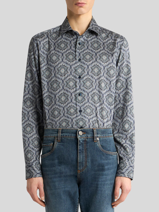 Etro Shirt Collar Printed Cuffed Sleeves In Blue