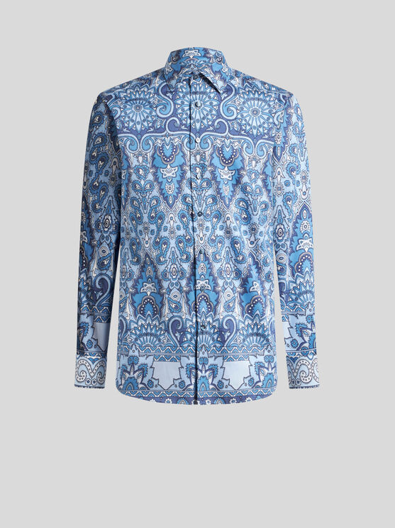 Etro , Shirt With Decorative Placed Print, Man, Light Blue, Size 42 In Light Blue