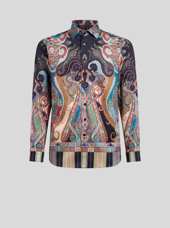 Etro , Multicoloured Paisley Cotton Shirt, Man, Navy Blue, Size 45 In Navyblau