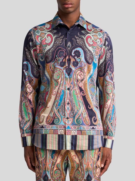 Etro , Multicoloured Paisley Cotton Shirt, Man, Navy Blue, Size 45 In Navyblau