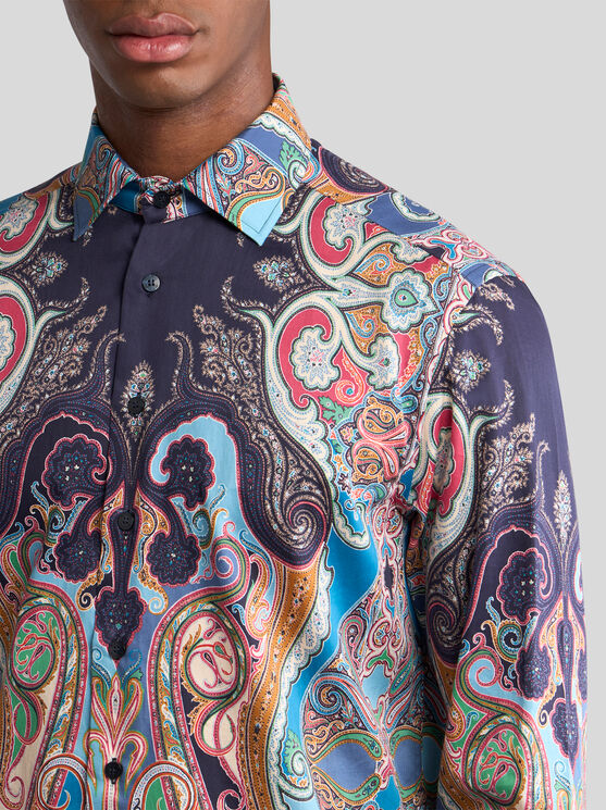 Etro , Multicoloured Paisley Cotton Shirt, Man, Navy Blue, Size 45 In Navyblau