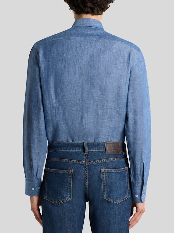 Etro , Linen Shirt With Pegaso, Man, Light Blue, Size 44 In Light Blue