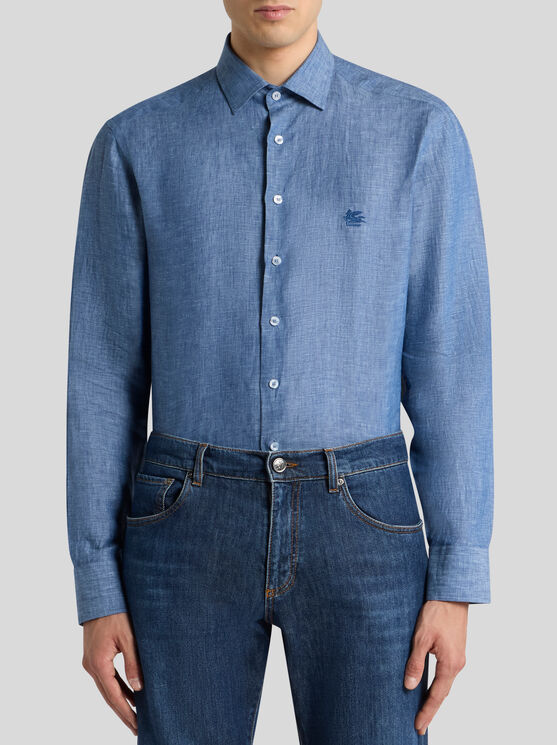Etro , Linen Shirt With Pegaso, Man, Light Blue, Size 44 In Light Blue