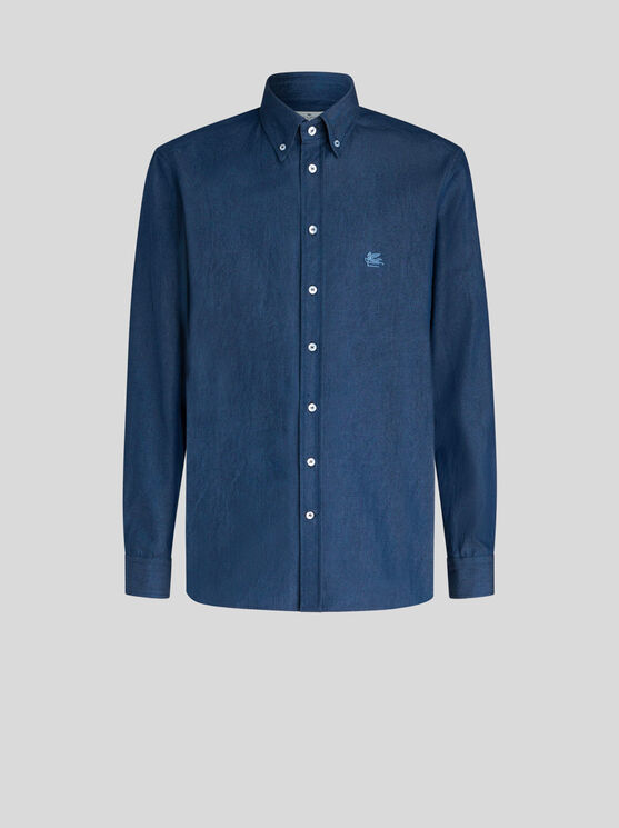 Shop Etro Denim Shirt With Logo In Navy Blue