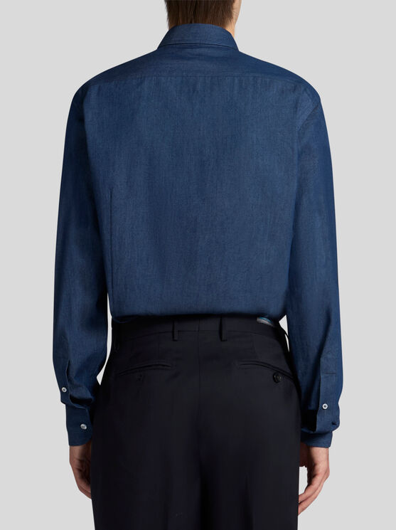 Shop Etro Denim Shirt With Logo In Navy Blue