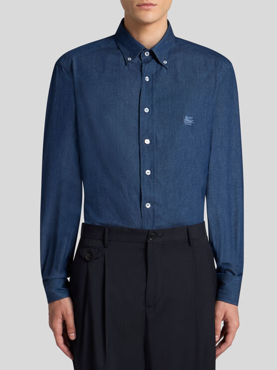 Shop Etro Denim Shirt With Logo In Navy Blue