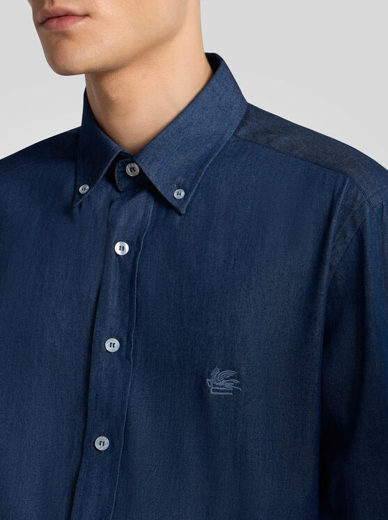 Shop Etro Denim Shirt With Logo In Navy Blue