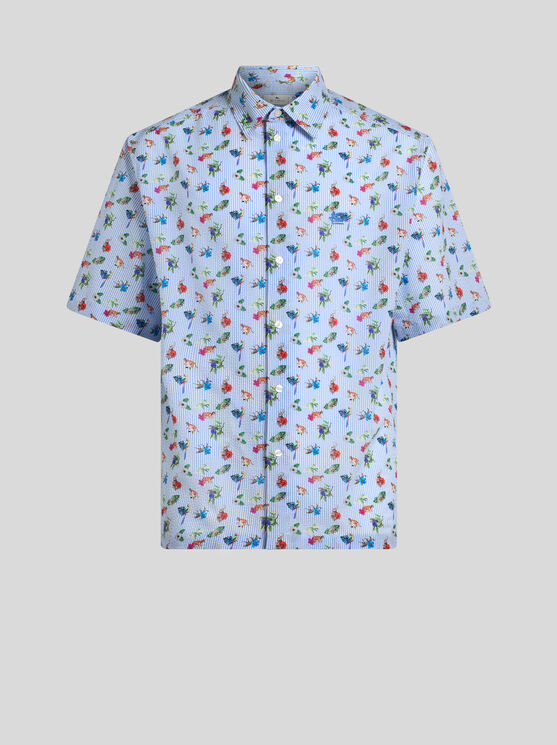 Etro , Short-sleeved Shirt With Stripes And Flowers, Man, Light Blue, Size 3xl In Light Blue