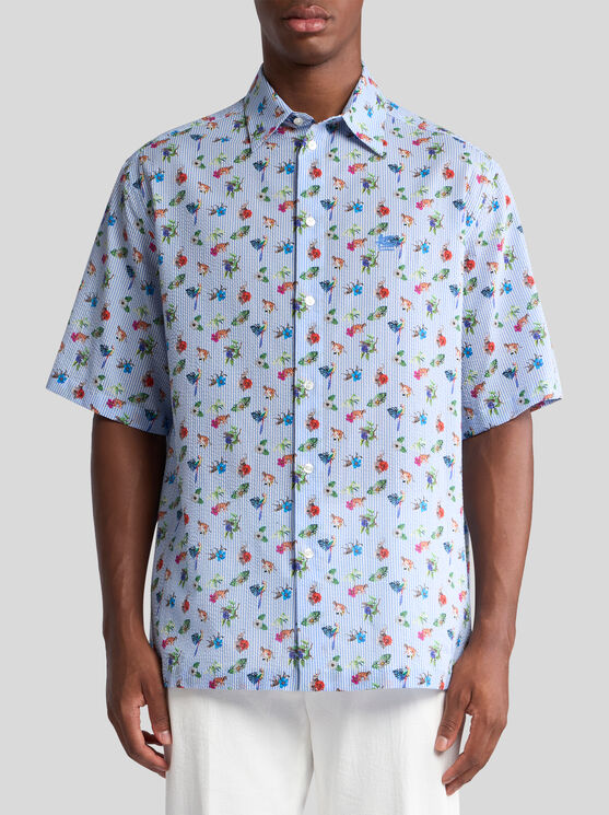 Etro , Short-sleeved Shirt With Stripes And Flowers, Man, Light Blue, Size 3xl In Light Blue
