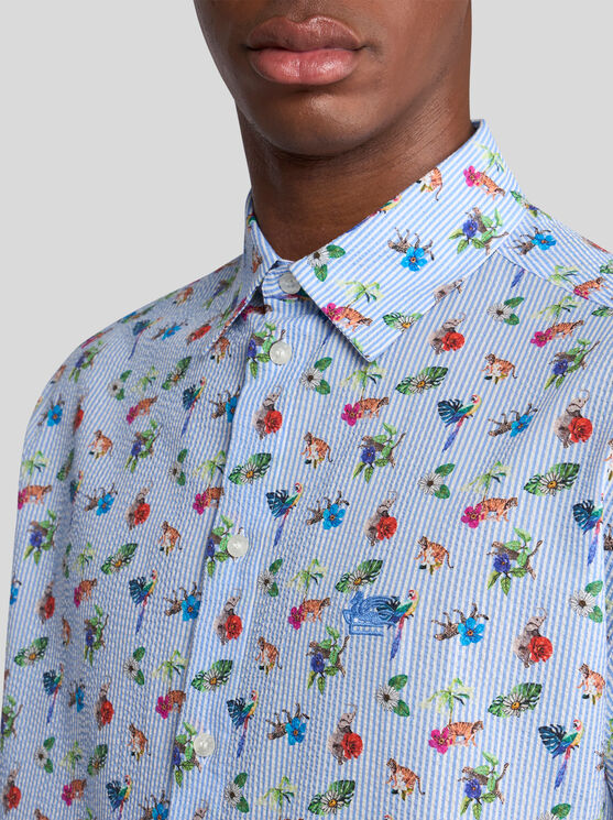 Etro , Short-sleeved Shirt With Stripes And Flowers, Man, Light Blue, Size 3xl In Light Blue