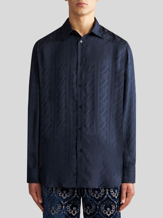 Etro , Silk Jacquard Shirt, Man, Navy Blue, Size Xl In Navy Blue