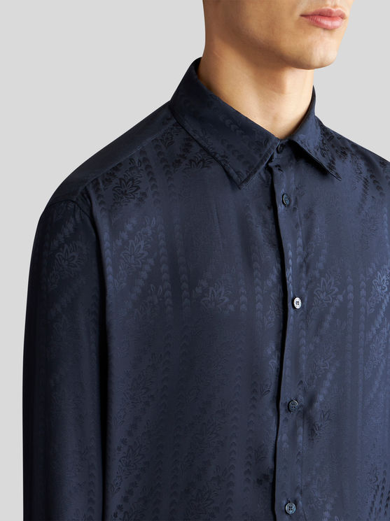 Etro , Silk Jacquard Shirt, Man, Navy Blue, Size Xl In Navy Blue