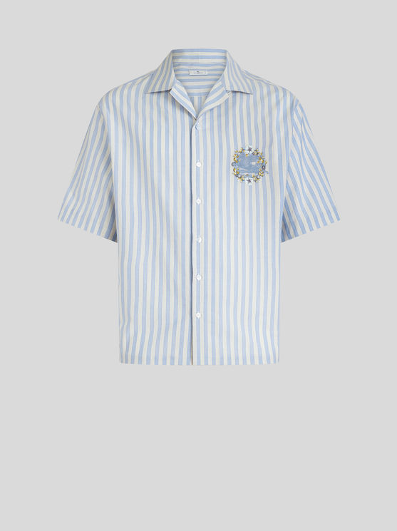 Shop Etro Striped Bowling Shirt With Pegaso In Light Blue