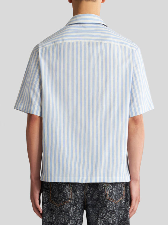 Shop Etro Striped Bowling Shirt With Pegaso In Light Blue