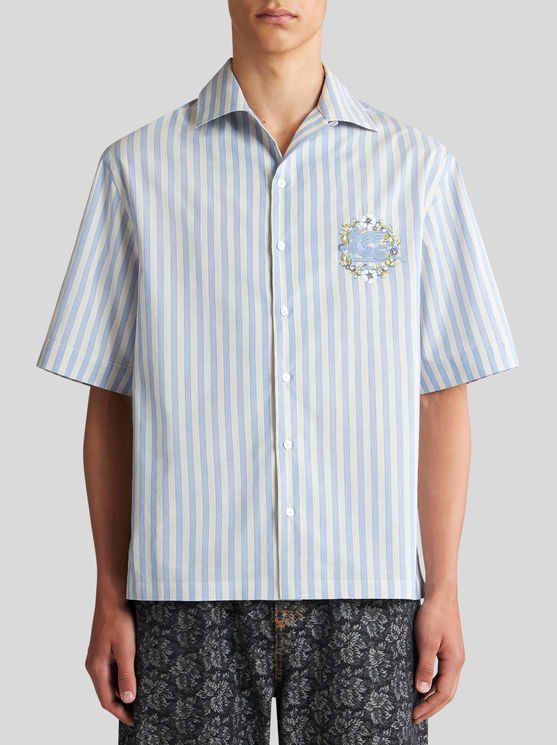 Shop Etro Striped Bowling Shirt With Pegaso In Light Blue