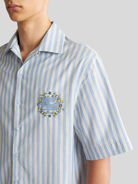 Shop Etro Striped Bowling Shirt With Pegaso In Light Blue