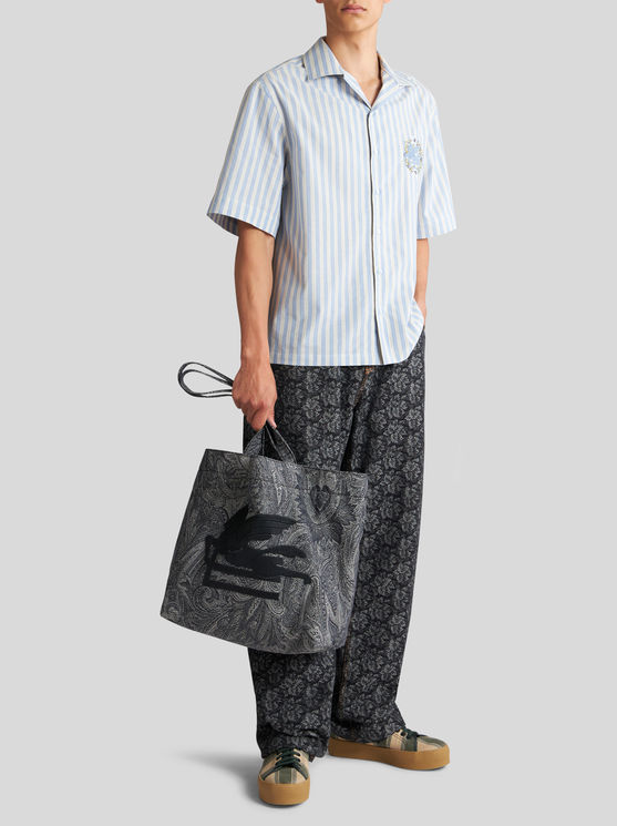 Shop Etro Striped Bowling Shirt With Pegaso In Light Blue