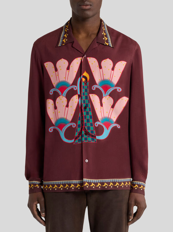 Etro Placed-print Long-sleeve Shirt In Burgundy