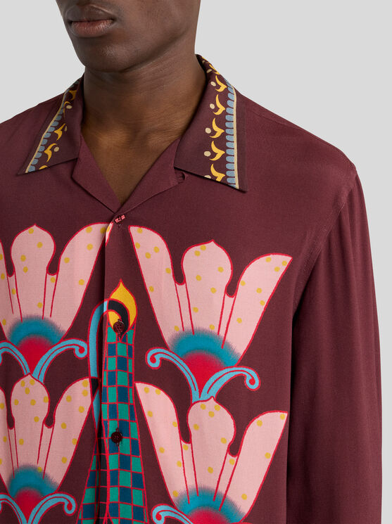 Etro Placed-print Long-sleeve Shirt In Burgundy