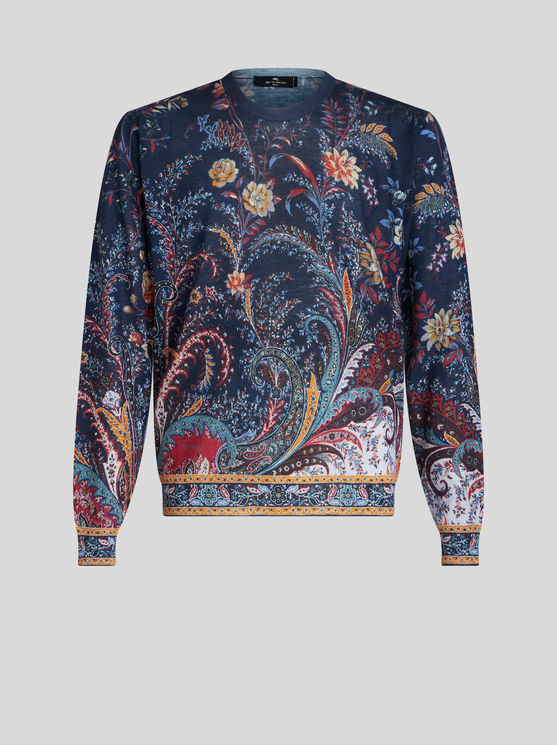 Shop Etro Floral Paisley Silk And Cashmere Sweater In Navy Blue