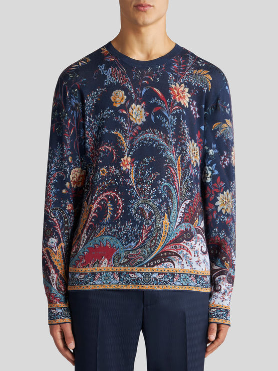 Shop Etro Floral Paisley Silk And Cashmere Sweater In Navy Blue