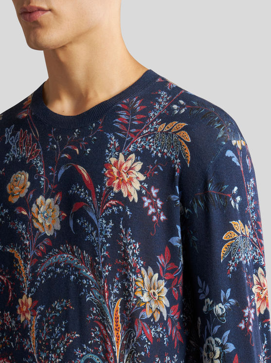 Shop Etro Floral Paisley Silk And Cashmere Sweater In Navy Blue