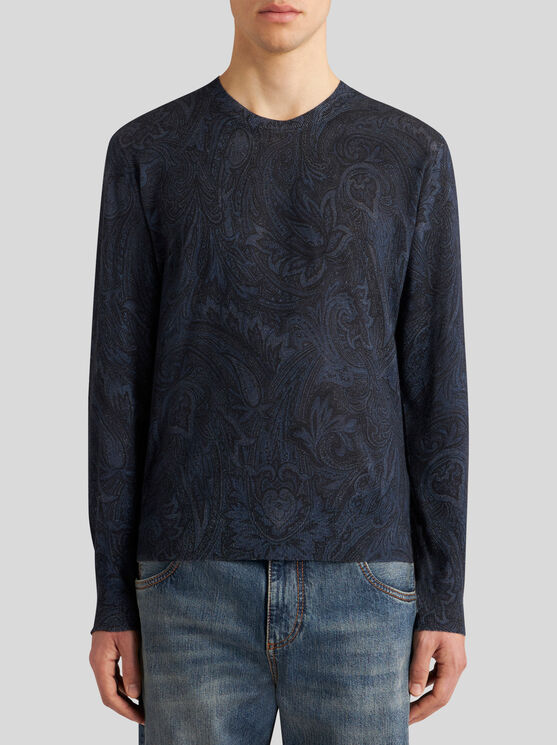 Shop Etro Silk And Cashmere Paisley Sweater In Navy Blue