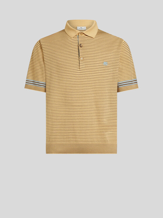 Shop Etro Striped Knit Polo Shirt With Pegaso Detail In Yellow