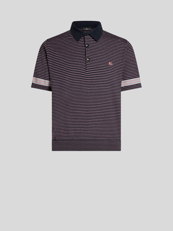 Shop Etro Striped Knit Polo Shirt With Pegaso Detail In Black