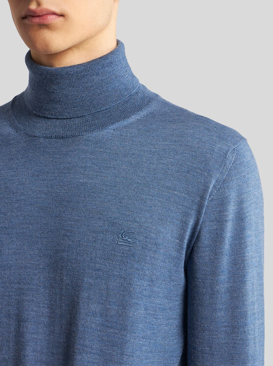 Shop Etro Wool Turtleneck With Embroidery In Light Blue