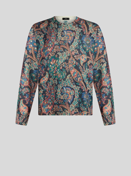 Shop Etro Sweater With Floral Paisley Print In Navy Blue