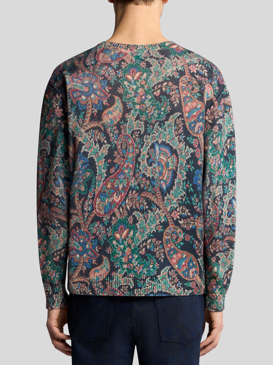 Shop Etro Sweater With Floral Paisley Print In Navy Blue