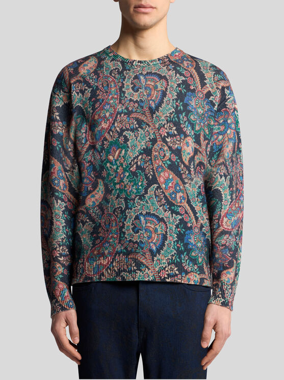 Shop Etro Sweater With Floral Paisley Print In Navy Blue